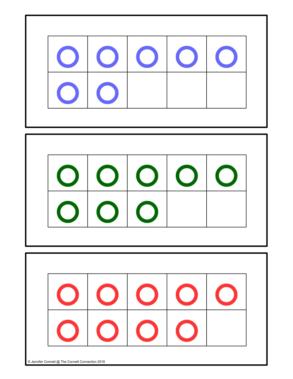 Counting center ten-frame cards for 7, 8, and 9, using lowercase o's to match the numbered octagon cards