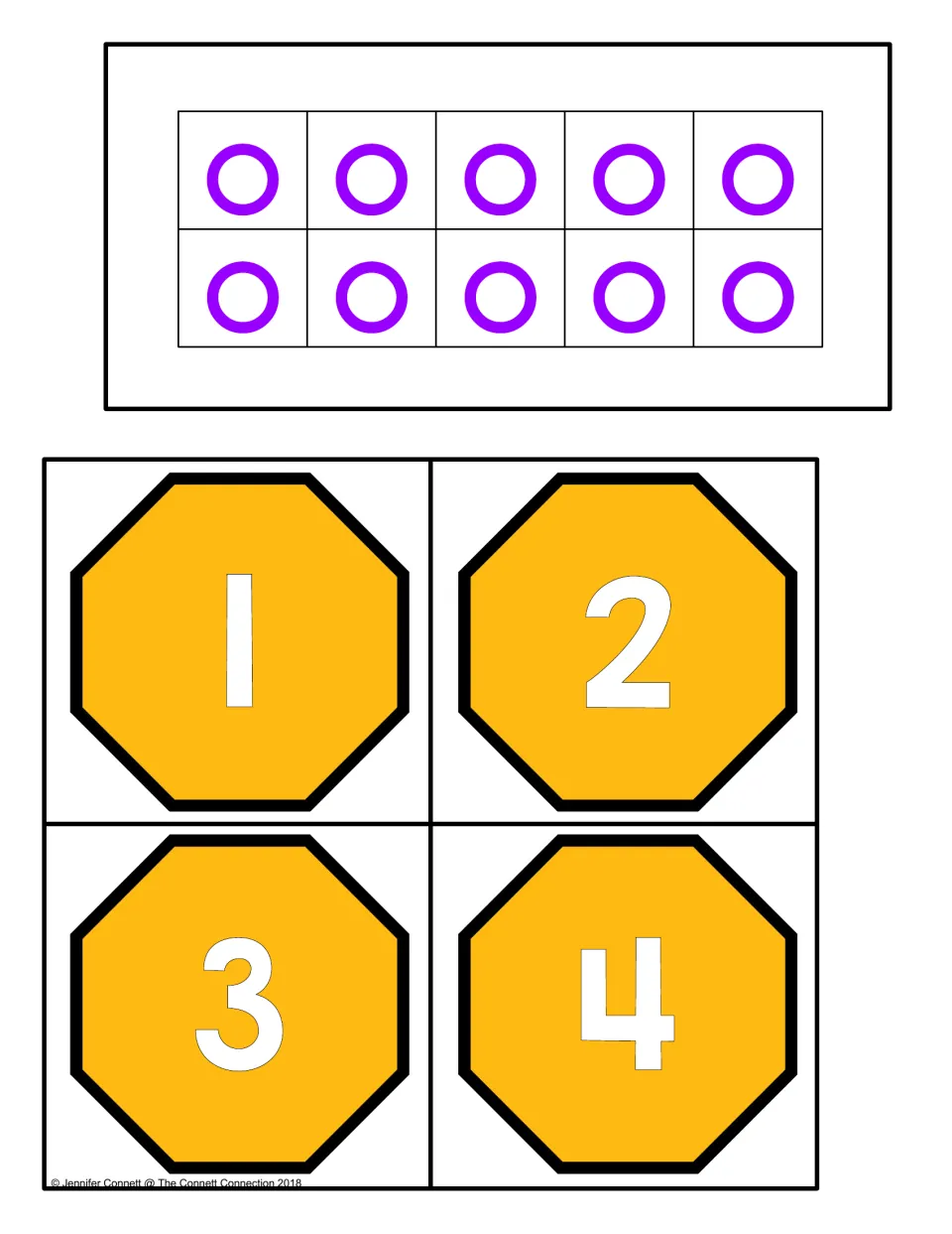 Counting center ten-frame card showing 10 lowercase o's, plus octagon number cards labeled 1, 2, 3, and 4