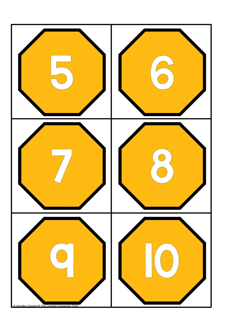 Counting center octagon number cards labeled 5, 6, 7, 8, 9, and 10 for matching to lowercase o ten frames