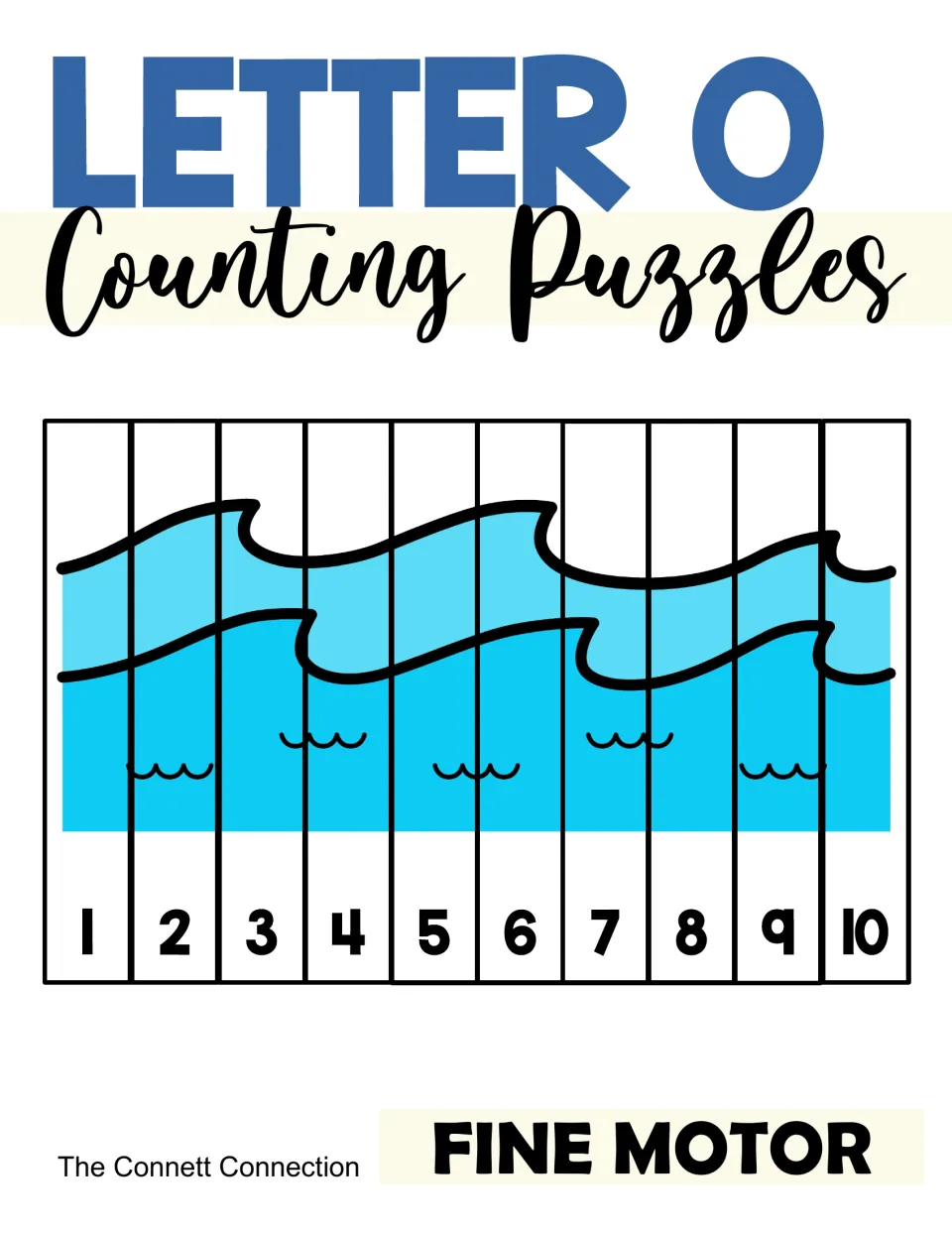 Letter O counting puzzles cover: an ocean wave picture cut into ten strips numbered 1 to 10, labeled fine motor