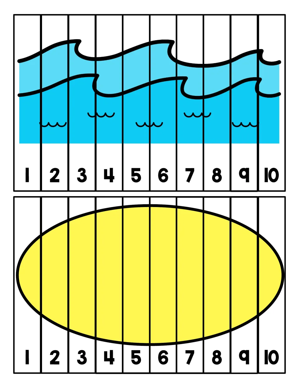 Ocean wave and yellow oval puzzles: students cut ten strips and order them 1 to 10 to rebuild each picture