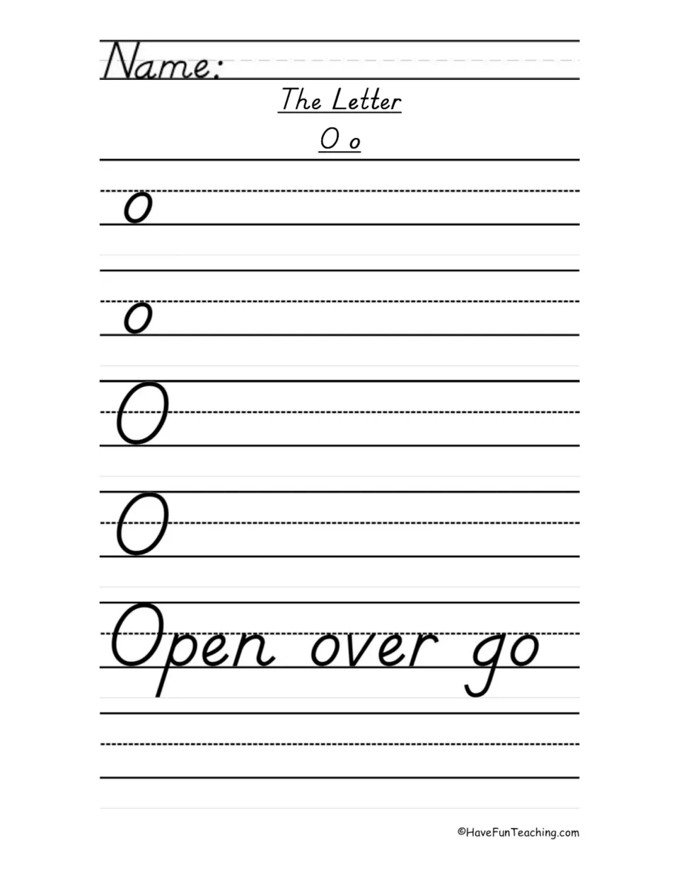 Letter O handwriting practice sheet with lowercase o, uppercase O, and the model words “Open over go”