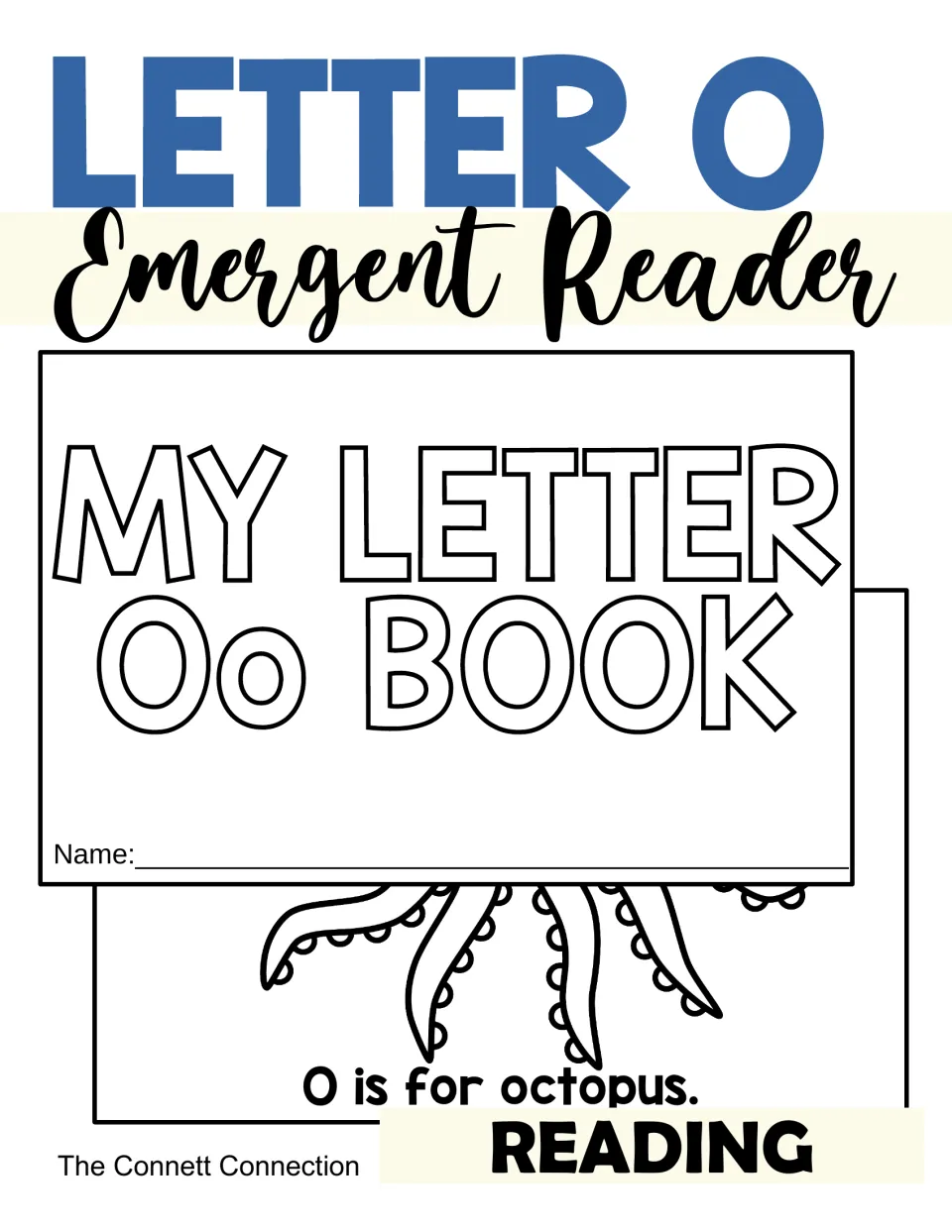 Letter O Emergent Reader cover showing the My Letter Oo Book title page and an octopus page reading O is for octopus