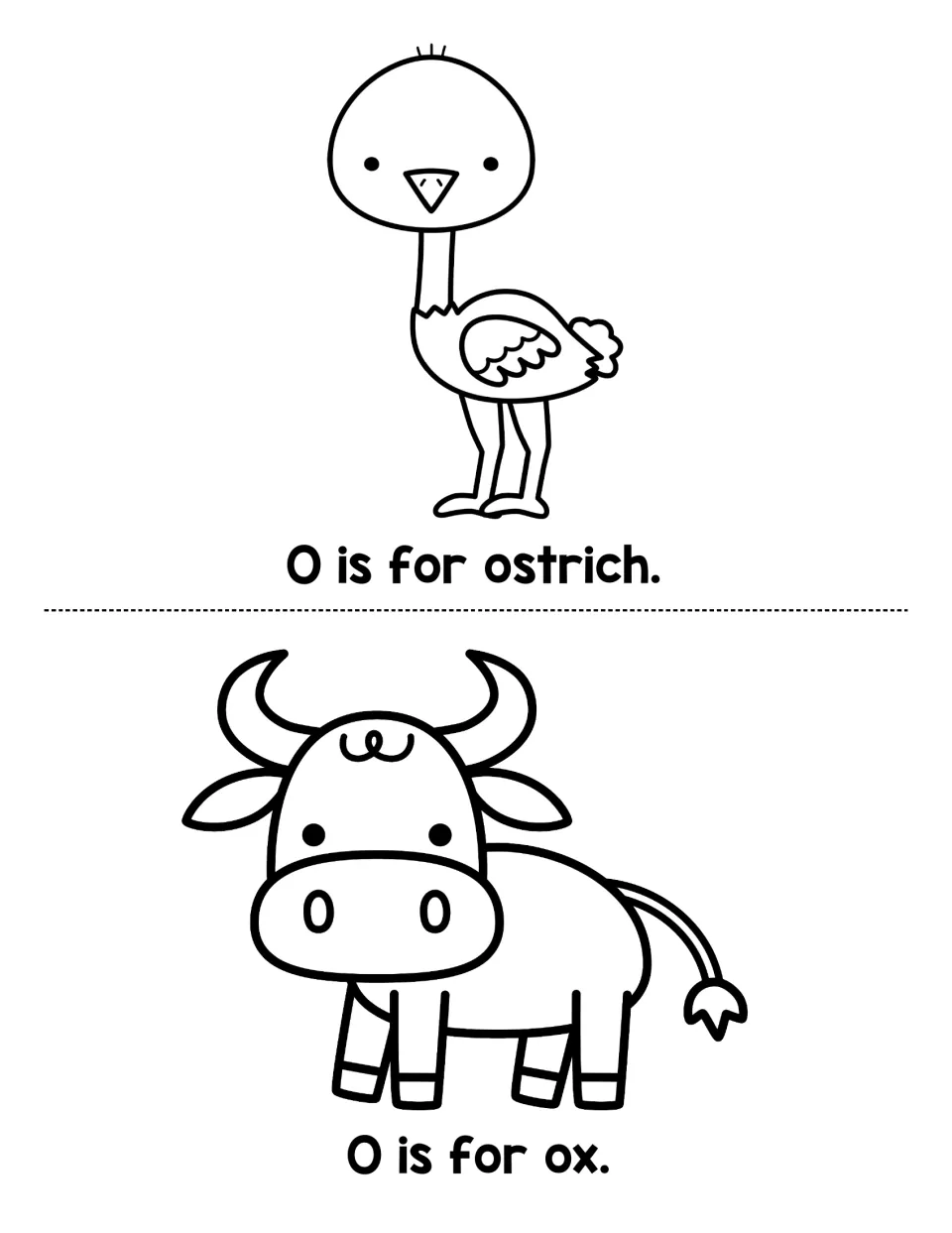 Beginning sound O: children color an ostrich and an ox, then read the repeated sentences O is for ostrich and O is for ox