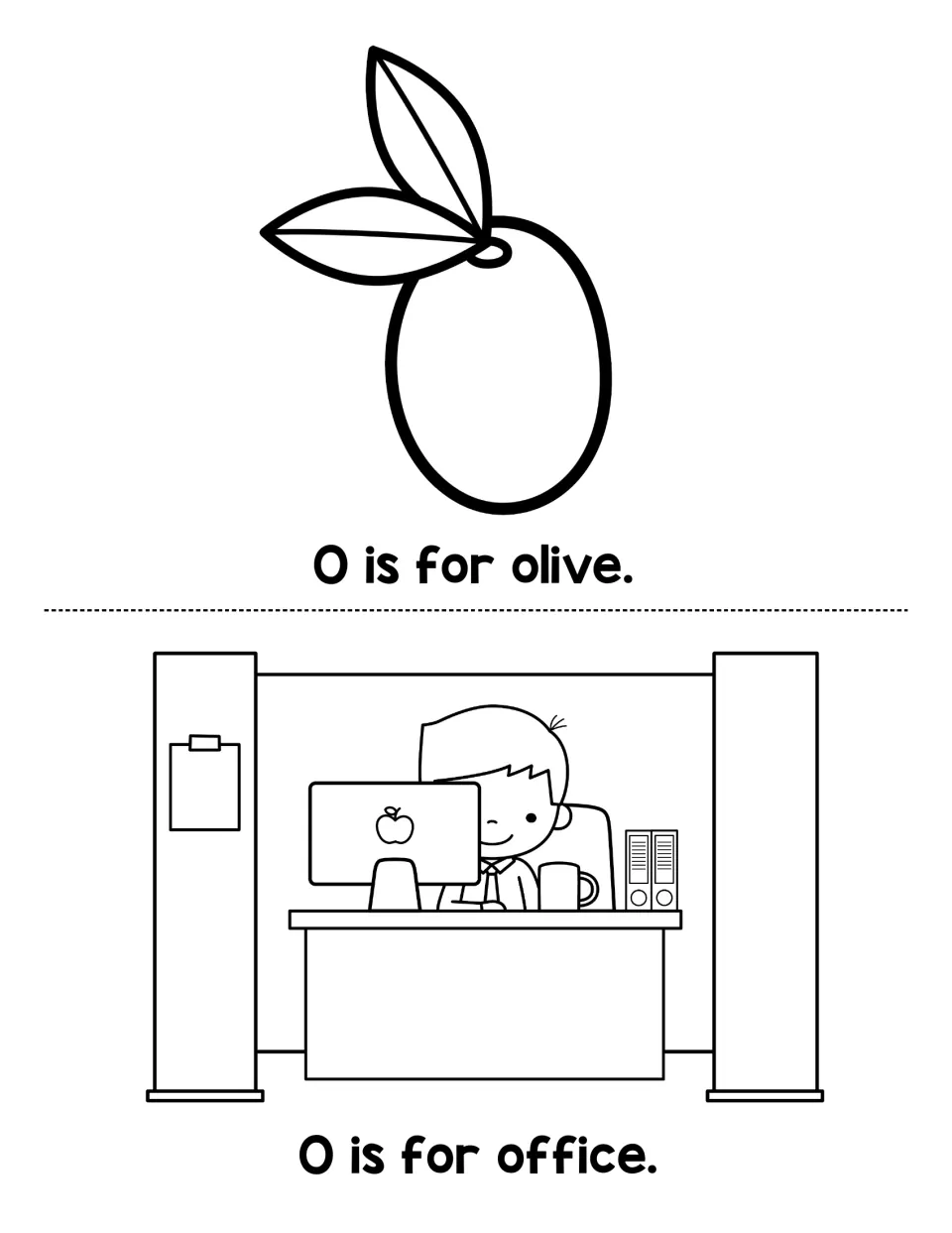 Words starting with O: students color an olive and a person working at a desk, reading O is for olive and O is for office