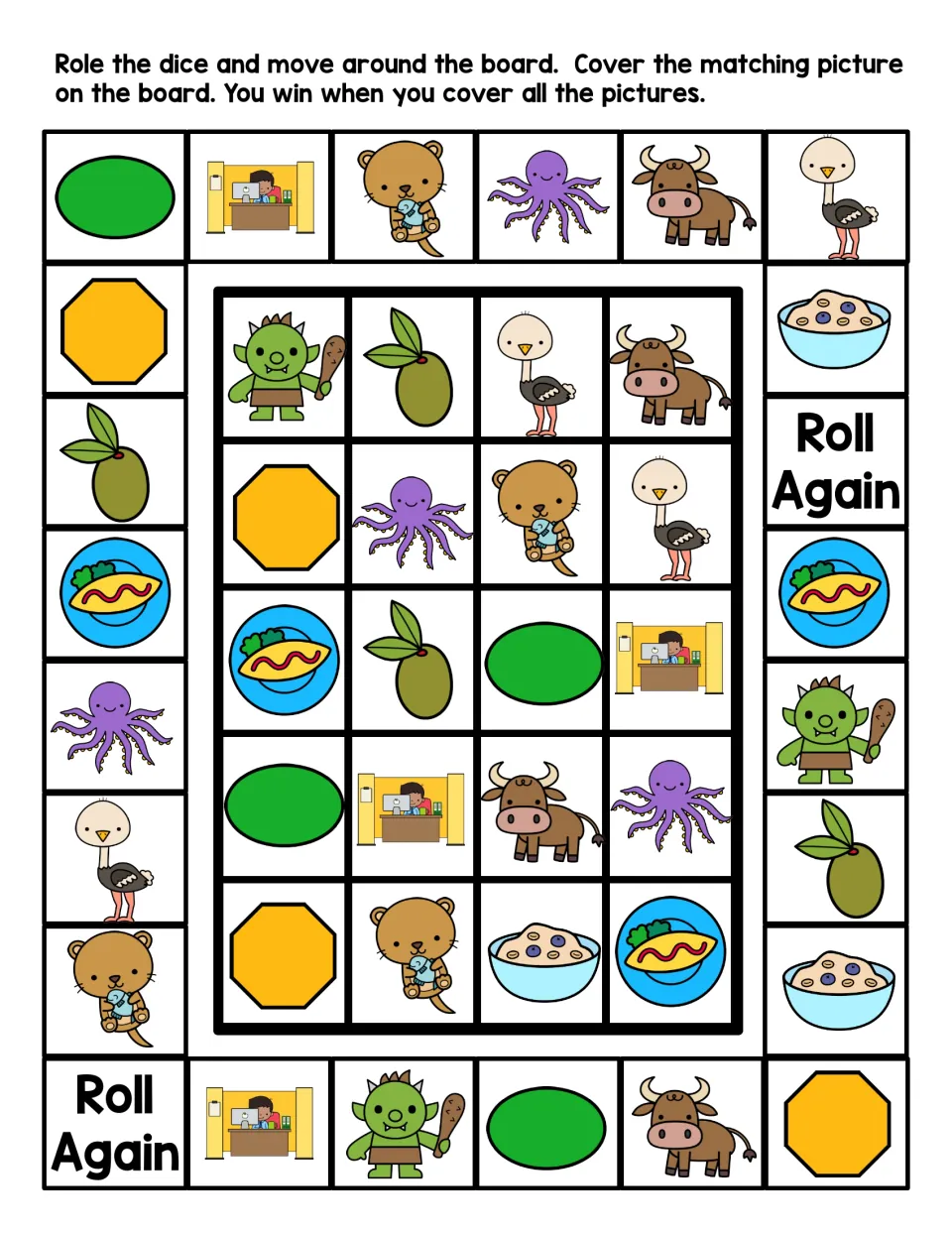 Letter O board game in color: students roll a die, move around and cover matching octopus, ox, otter and olive pictures