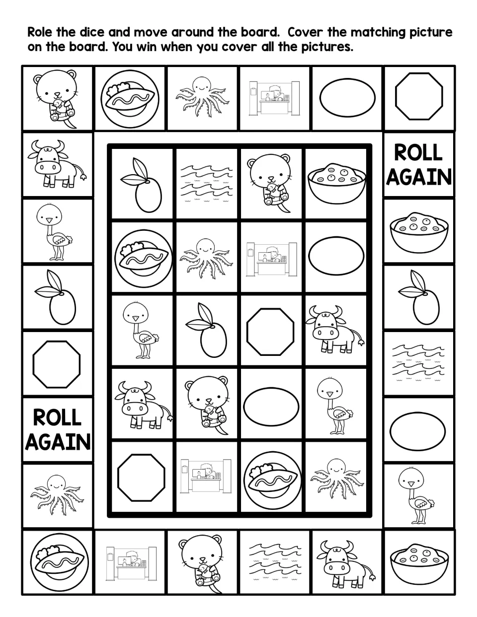 Black-and-white letter O board game: students roll, move and cover matching ocean, oatmeal, octagon and omelet pictures