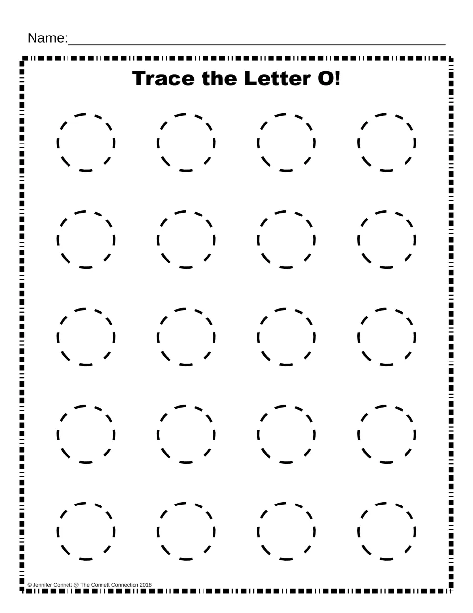 Trace the Letter O: students trace 20 large dashed capital O shapes to practise forming the uppercase letter O
