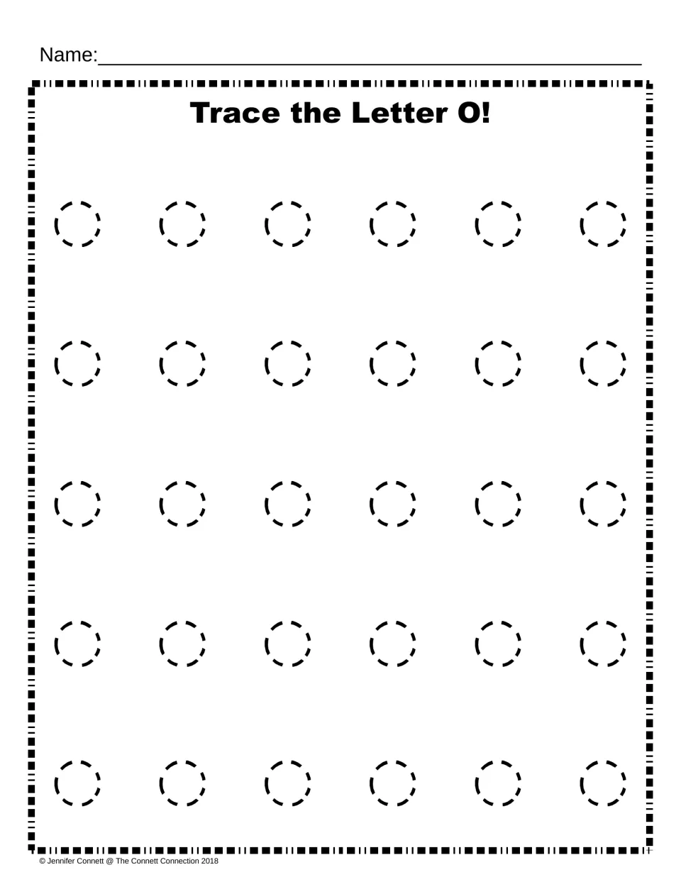 Lowercase o tracing: students trace 30 small dashed o shapes, six per row, to practise forming the lowercase letter