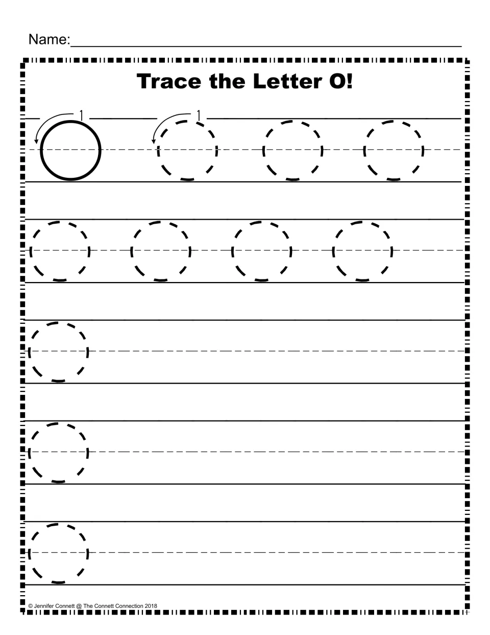 Capital O on handwriting lines: a model O with a numbered stroke arrow, dashed Os to trace, then rows to write O alone