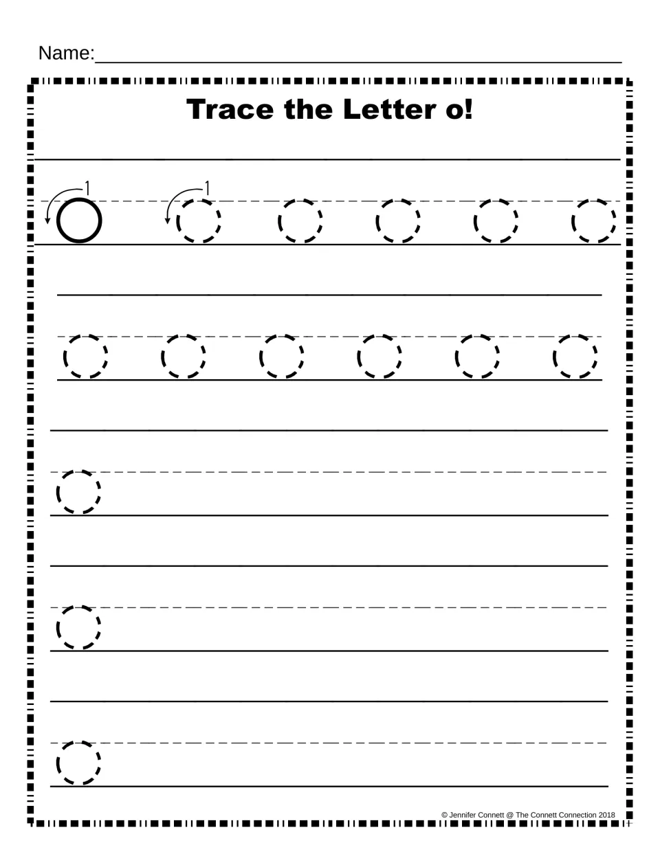 Trace the Letter o: a model lowercase o with a stroke arrow, rows of dashed o to trace, then rows to write o on their own