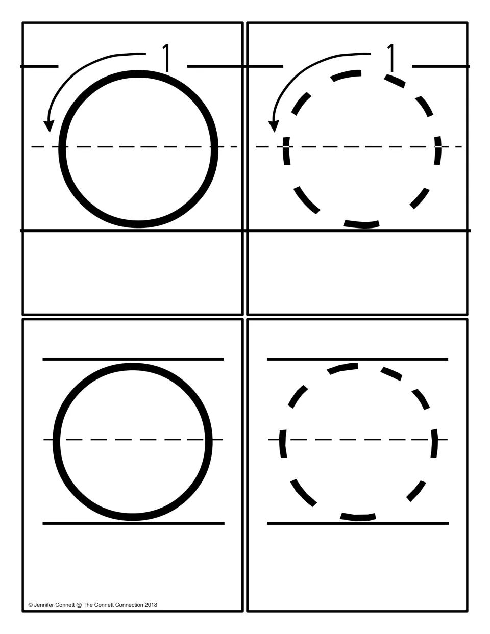 Capital O cards: four large cards with a solid O and a dashed O, with and without a stroke-order arrow, on writing lines