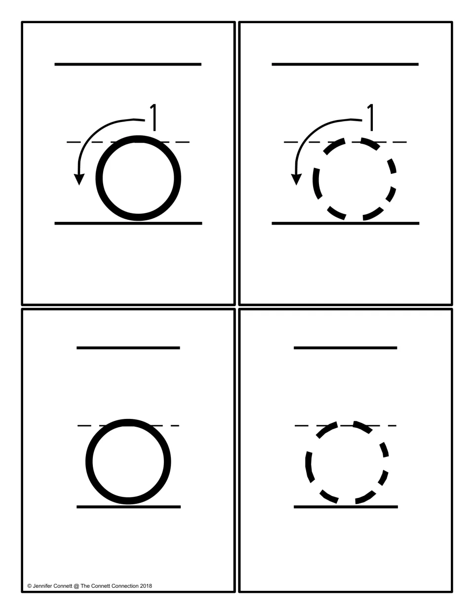 Lowercase o cards: four cards showing a solid o and a dashed o between the midline and baseline, two with a stroke arrow