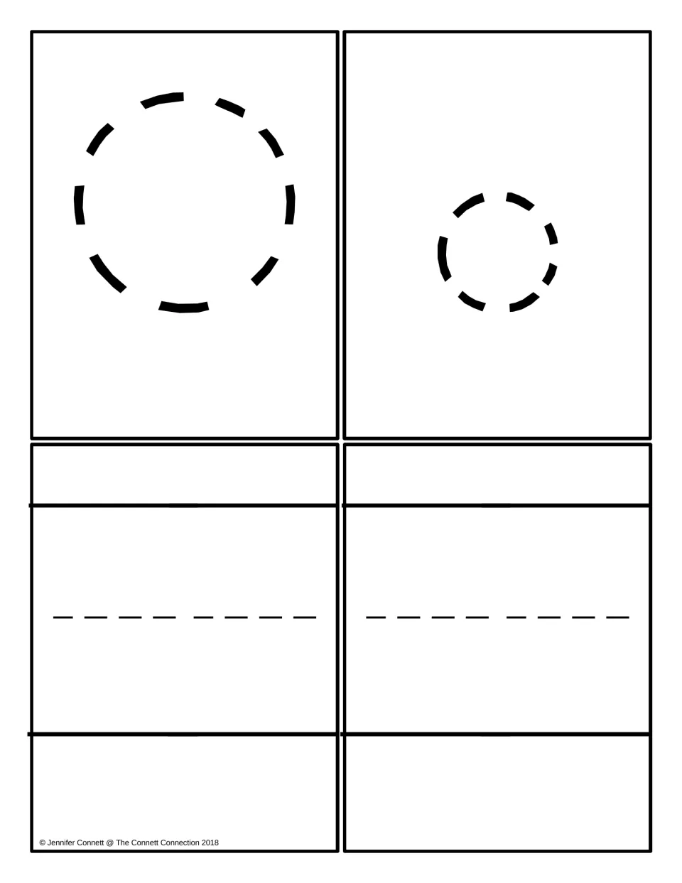 Letter O practice cards: a large dashed capital O and a small dashed lowercase o to trace, plus two writing-line cards