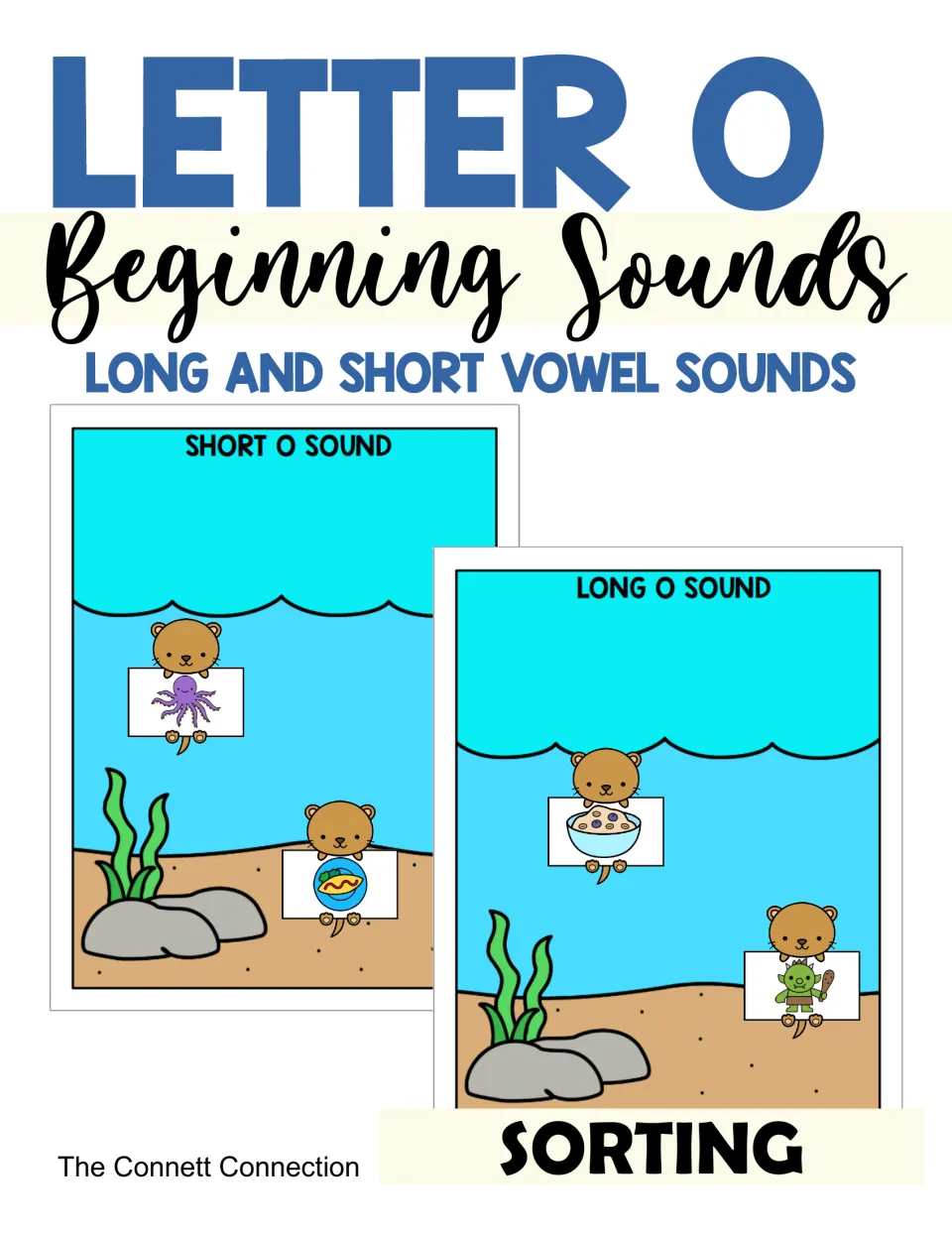 Letter O beginning sounds cover: long and short vowel sorting mats with otters holding octopus, oatmeal and ogre cards