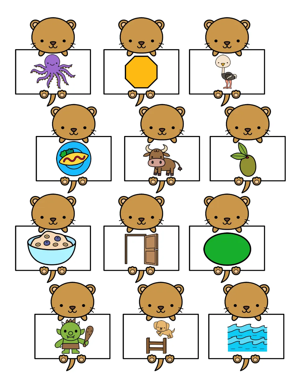 Twelve otter picture cards to cut out and sort by o sound, including octopus, ostrich, ox, olive, oatmeal, oval and ogre