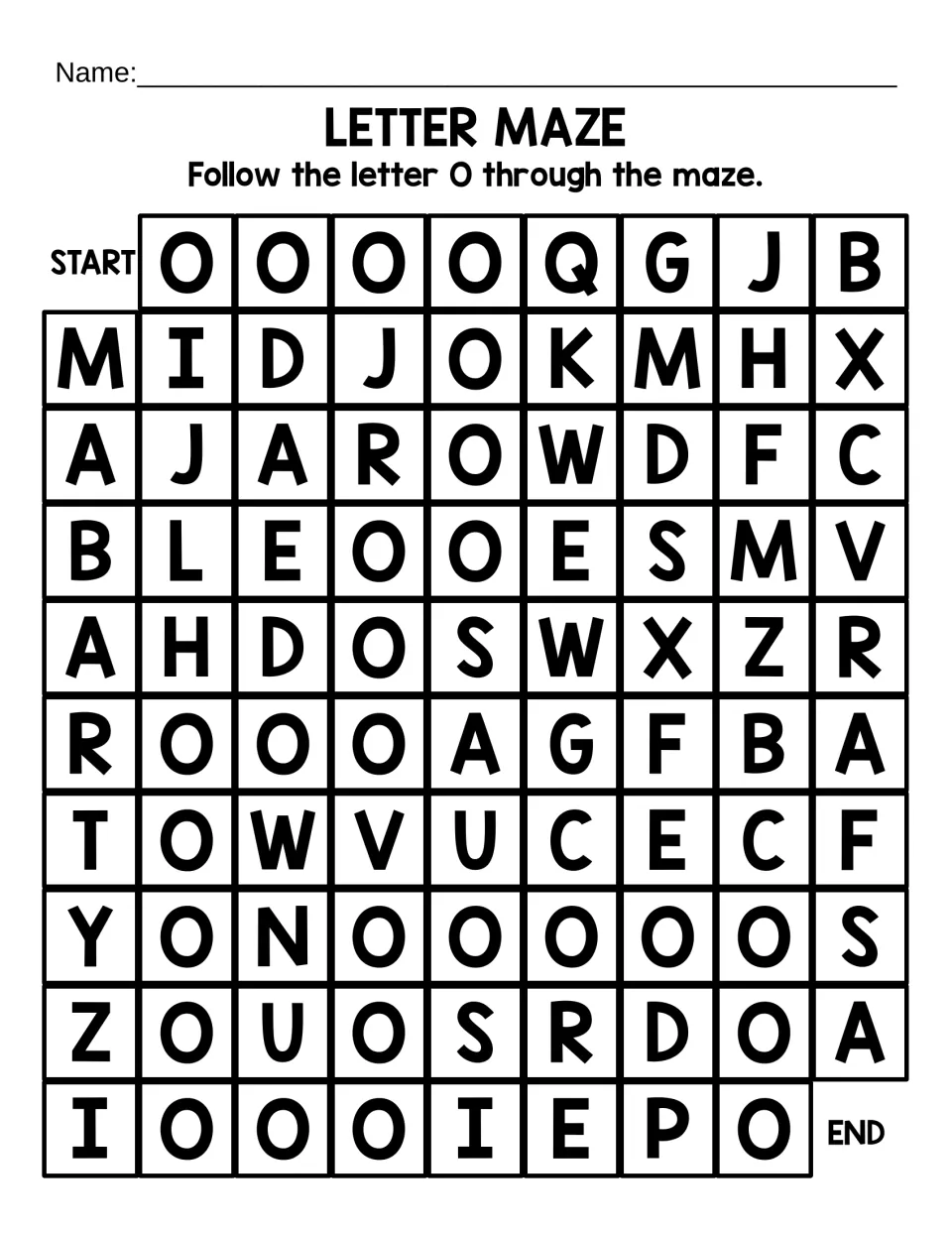 Uppercase O letter maze: students follow the capital letter O from START to END, past distractors like Q, G and D