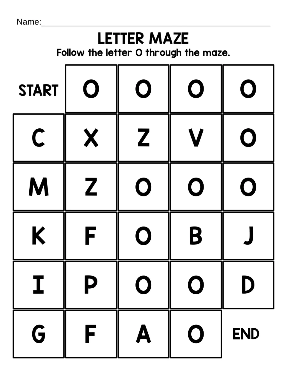 Short uppercase O maze: students trace a path of capital O letters from START to END among large letters like C, X and Z