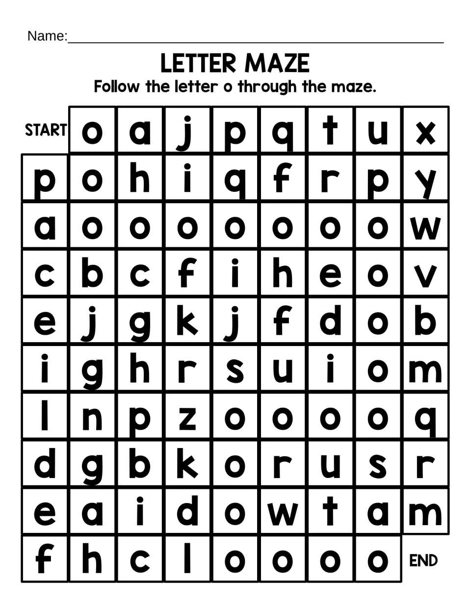 Lowercase o letter maze: students follow the small letter o from START to END, avoiding look-alikes such as a, q and e