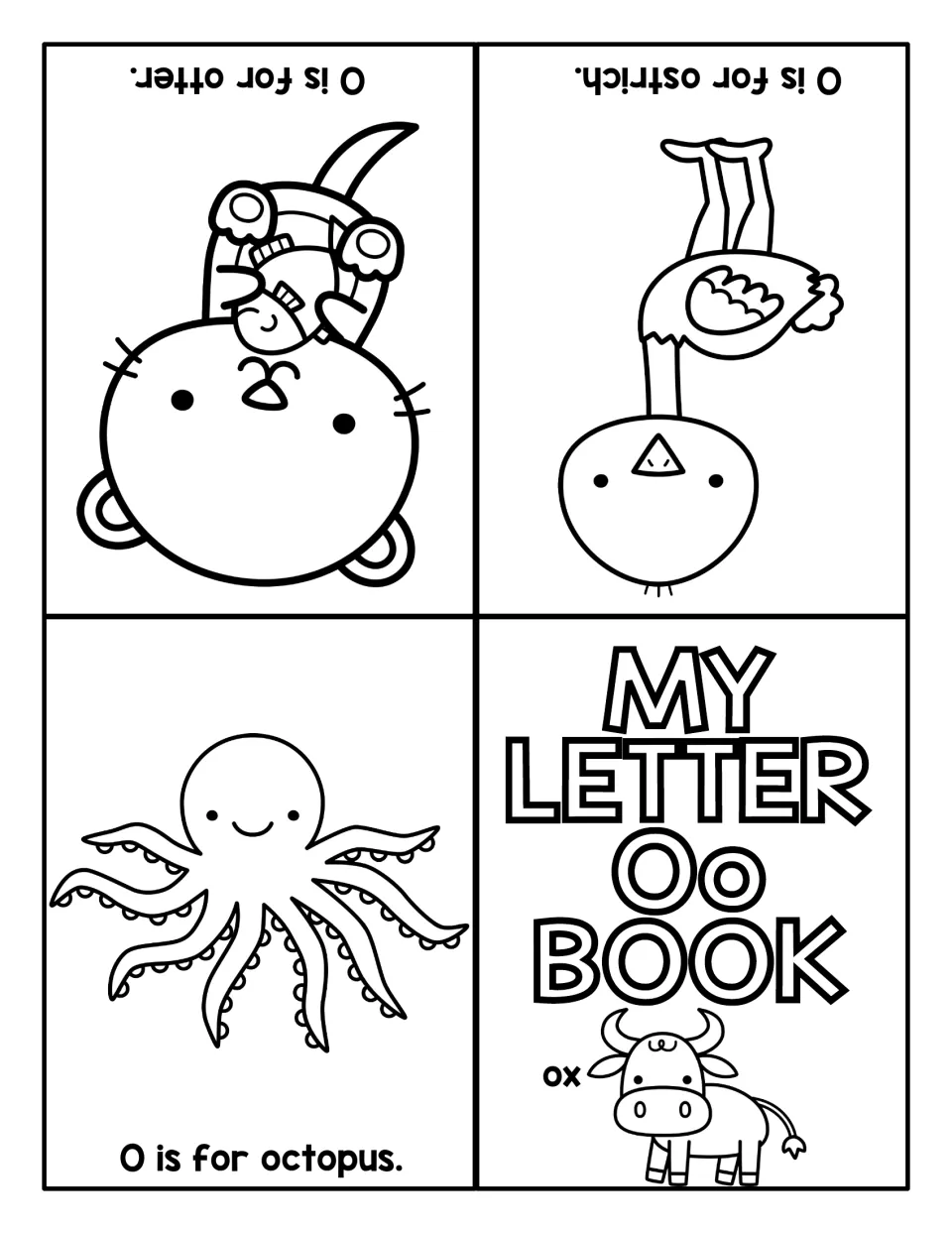 Letter O mini book to fold and color: My Letter Oo Book cover with an ox, then O is for octopus, ostrich and otter