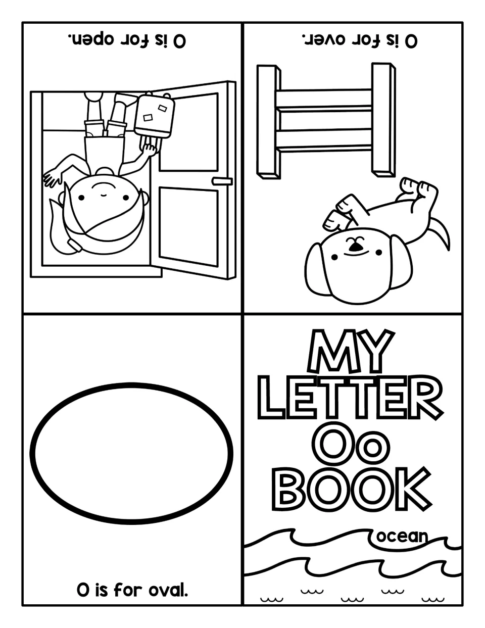 Second letter O booklet: ocean cover, then O is for oval, over (a dog jumping a fence) and open (a child at a door)
