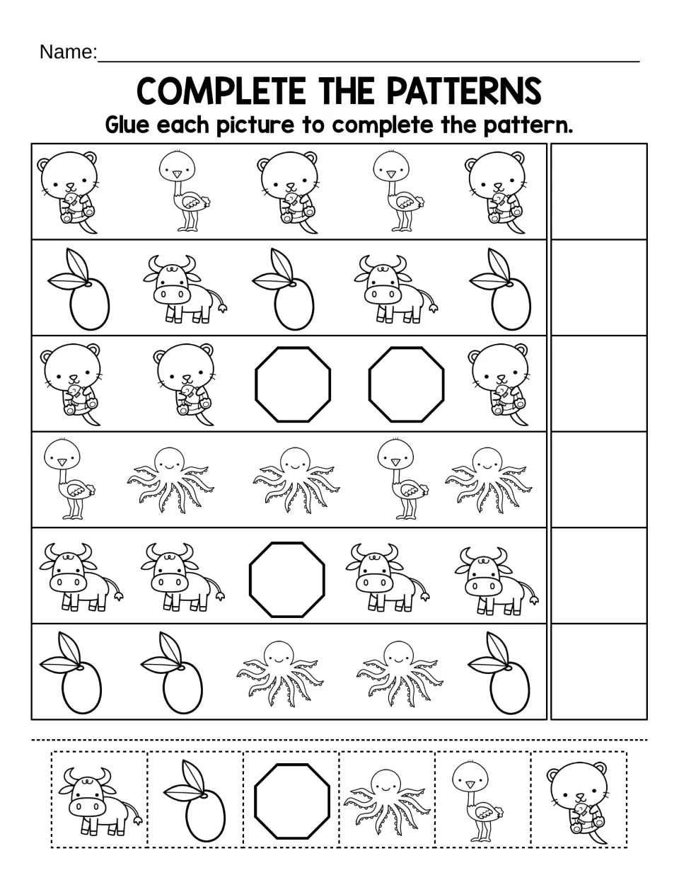 Complete the patterns: students cut out otter, ox, olive, octagon, octopus and ostrich pictures and glue each to end a row