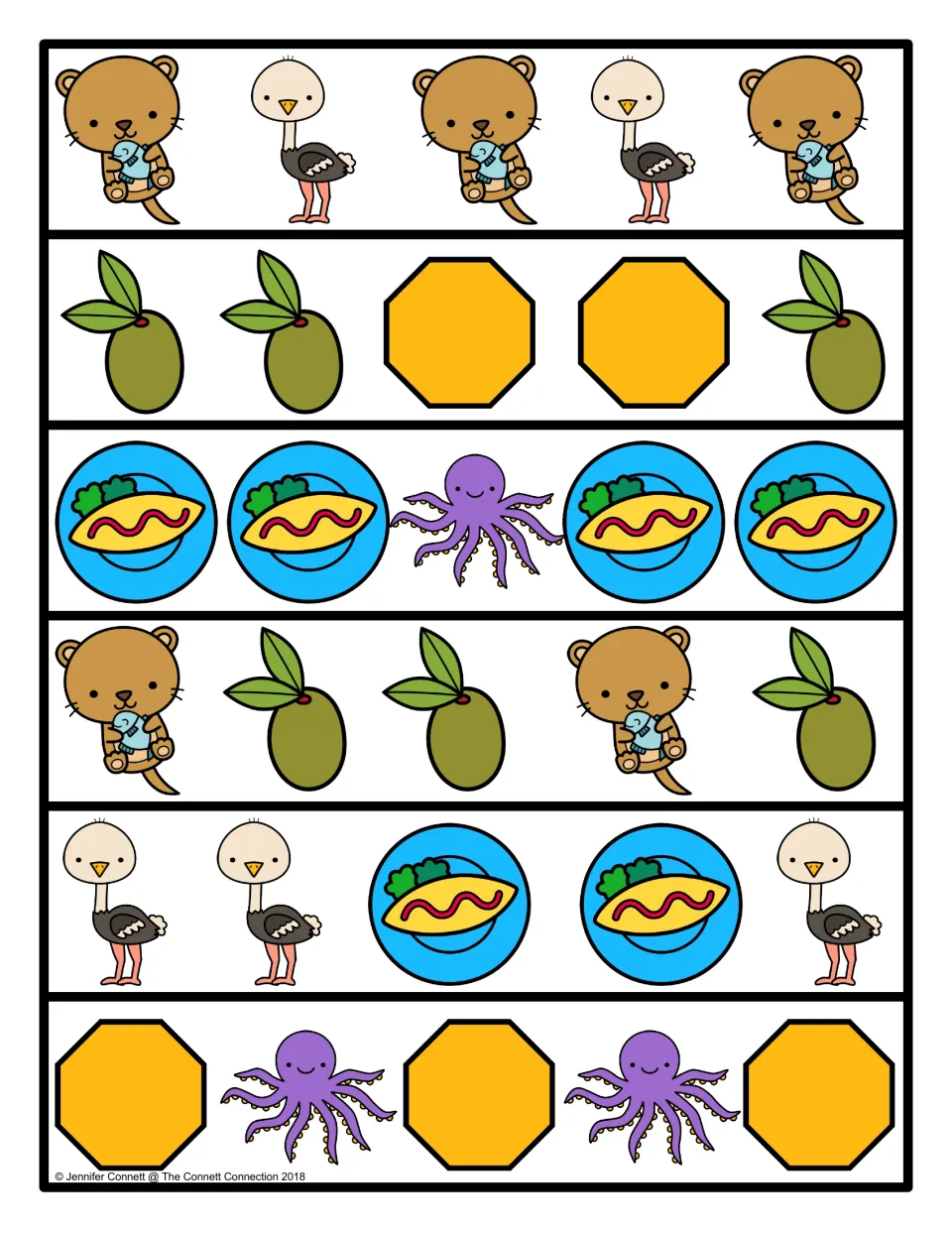 Color pattern strips: six rows repeating otters, ostriches, olives, octagons, octopuses and omelets in set orders