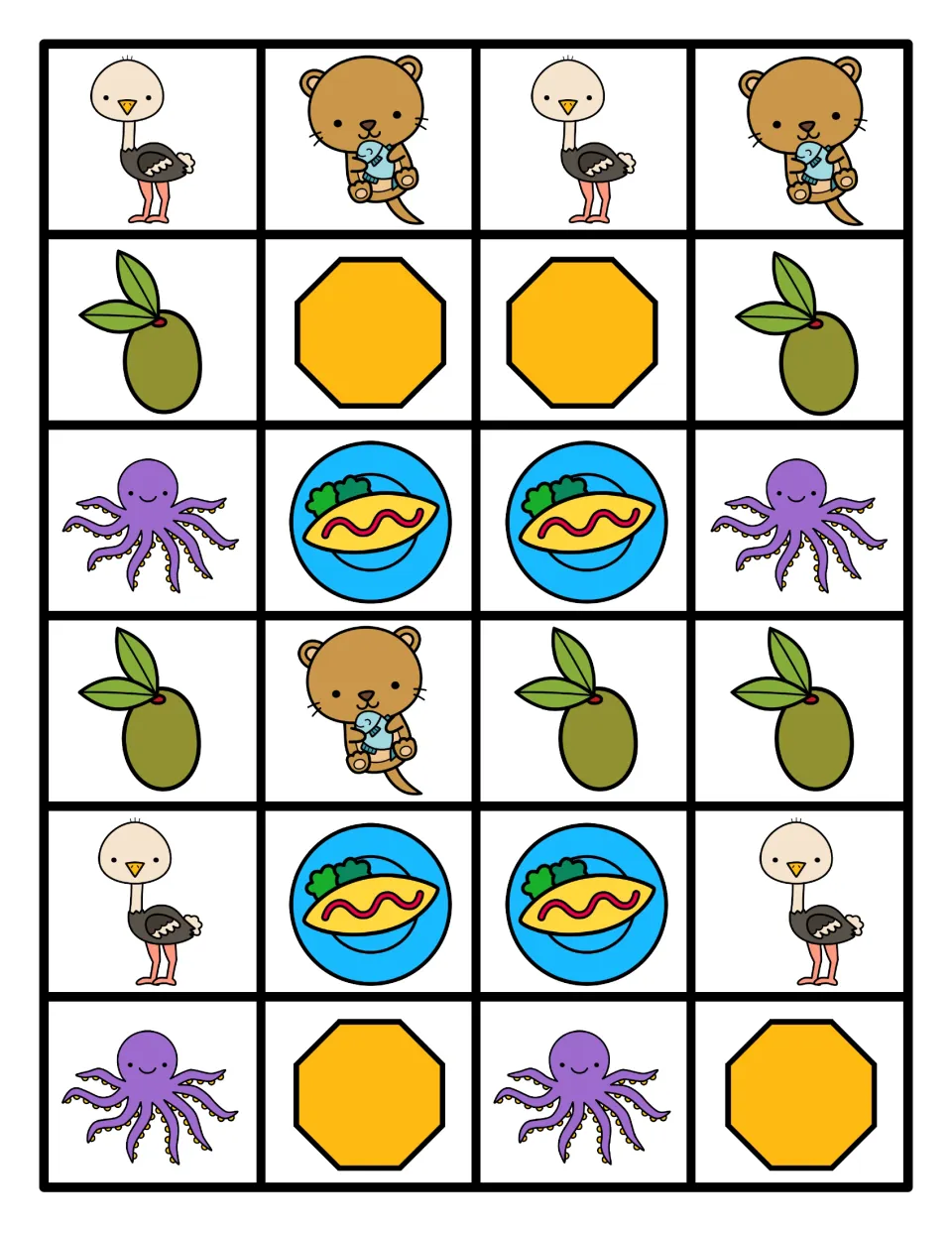 Color O picture cards: 24 ostrich, otter, olive, octagon, octopus and omelet cards for building patterns