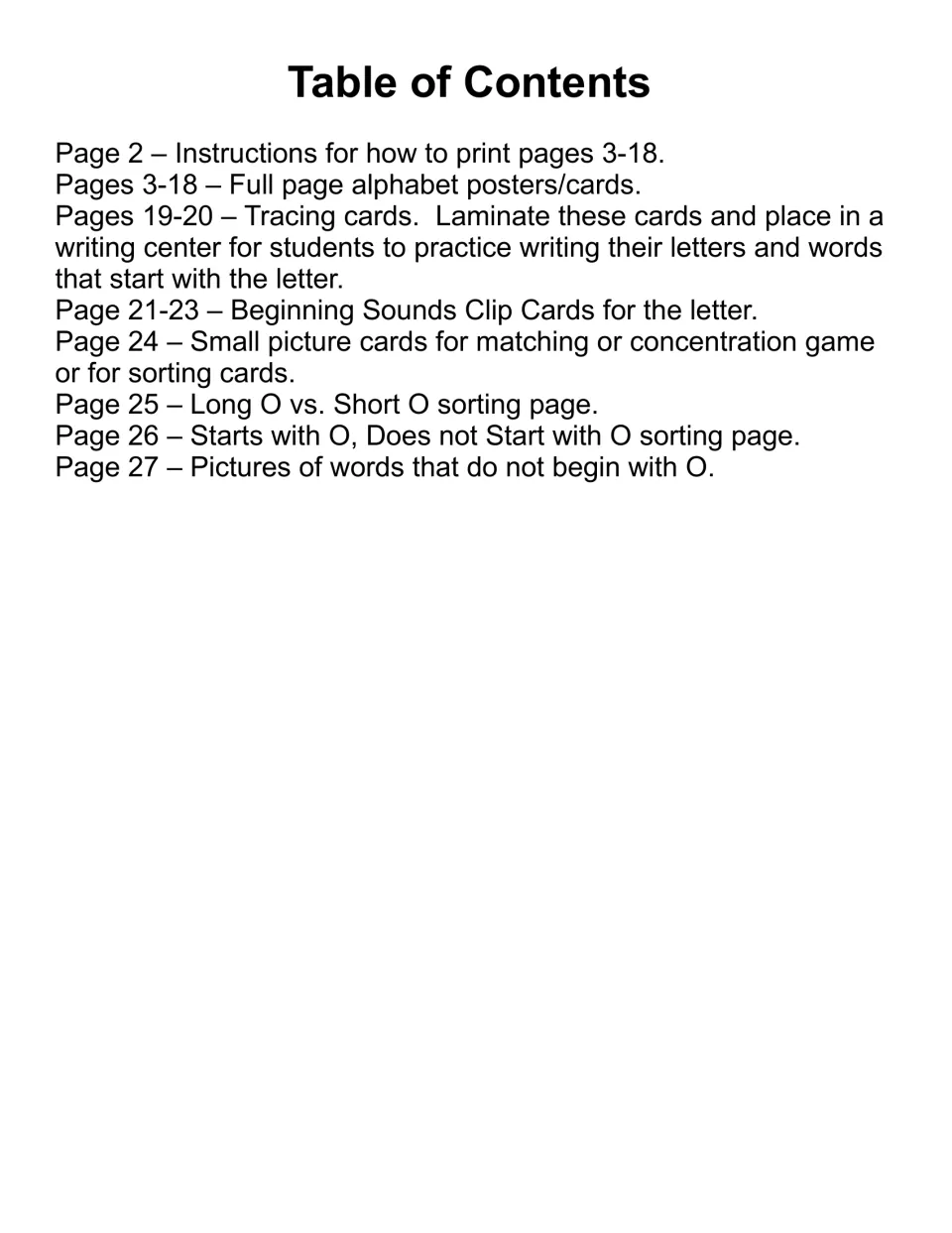 Table of contents for the letter O resource, listing poster/cards, tracing, clip cards, and sorting pages.