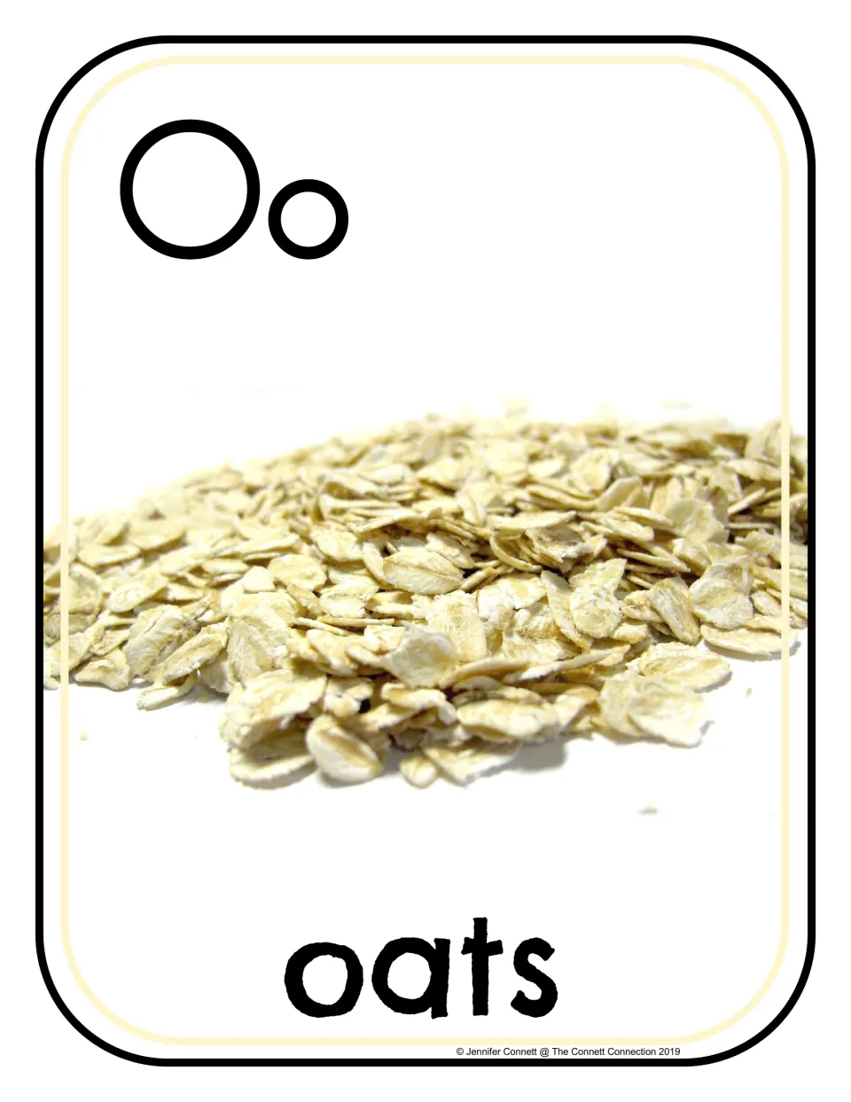 Letter O poster/card 2 of 16: uppercase O, lowercase o, and a photograph of rolled oats labeled 'oats'.