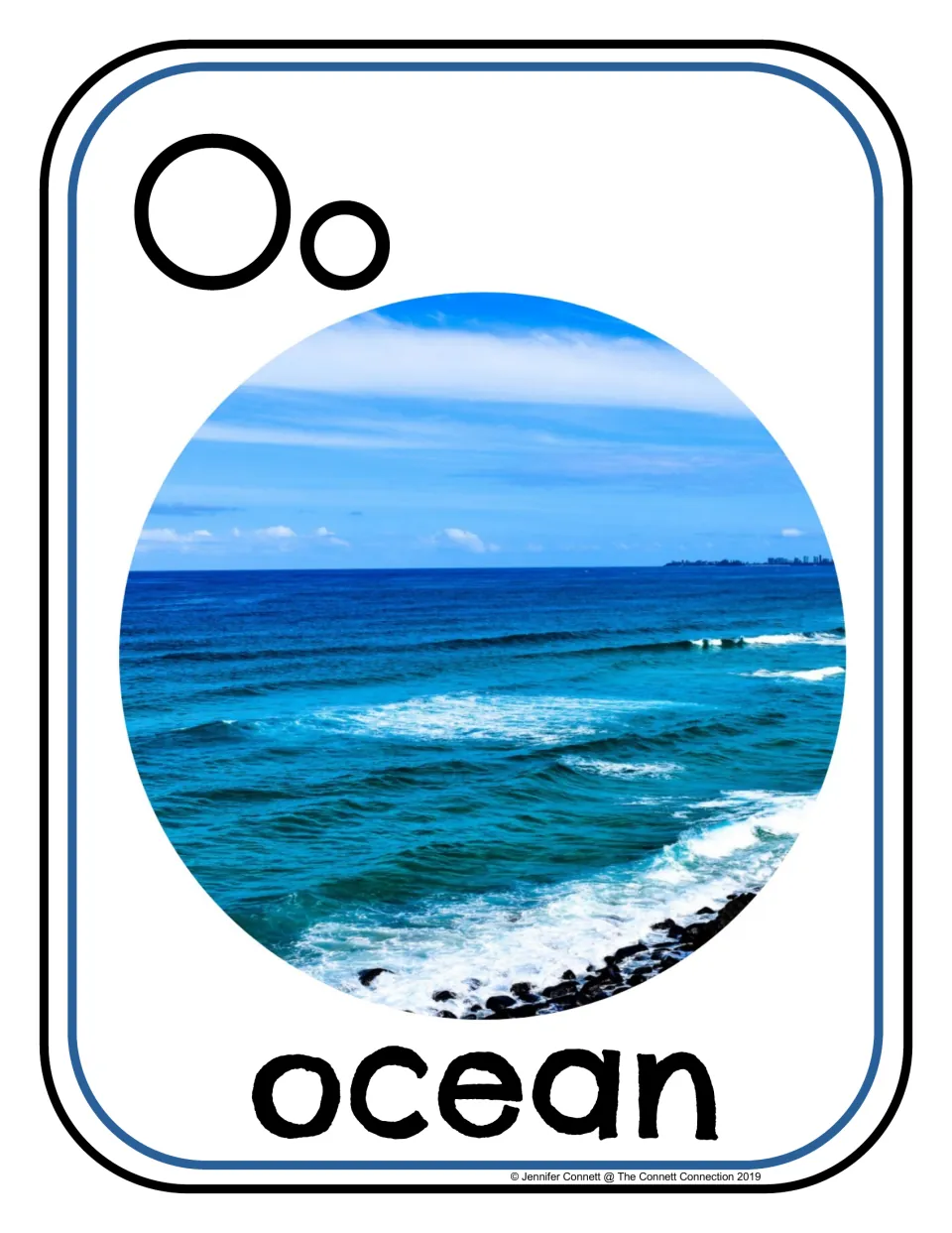 Letter O poster/card 3 of 16: uppercase O, lowercase o, and an ocean photograph labeled 'ocean'.