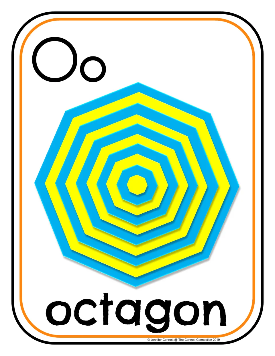 Letter O poster/card 4 of 16: uppercase O, lowercase o, and blue and yellow octagons labeled 'octagon'.