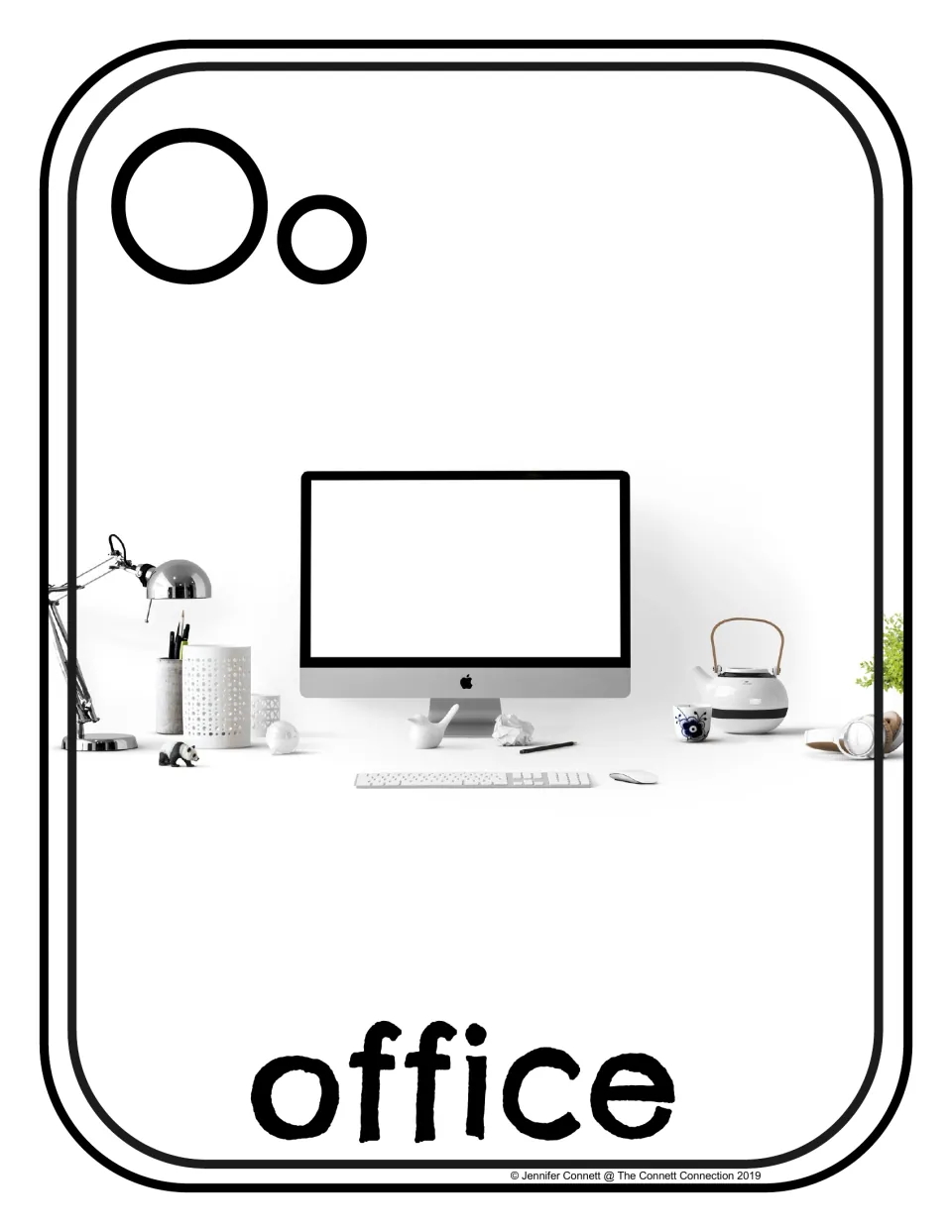 Letter O poster/card 6 of 16: uppercase O, lowercase o, and an office desk photograph labeled 'office'.