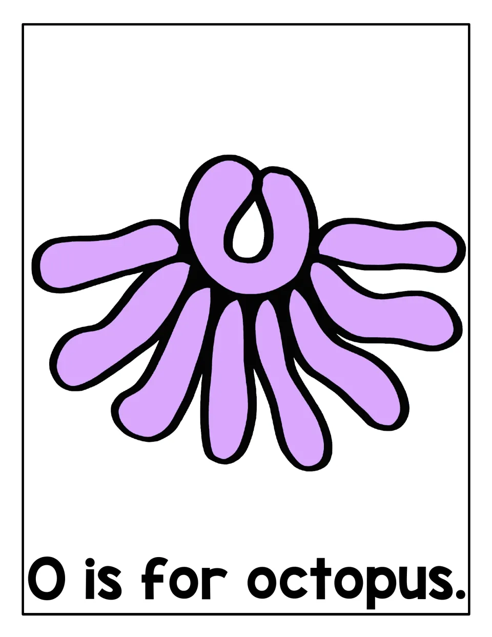 Letter O mat: purple octopus with a capital O for a head and the sentence "O is for octopus" to trace with playdough