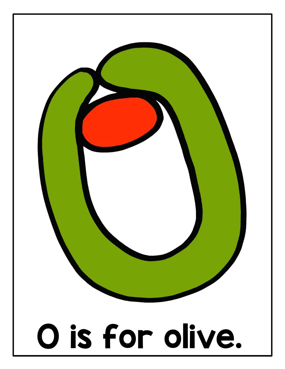Letter O mat: green olive with a red pimento drawn as a capital O, labeled "O is for olive" for shaping with playdough