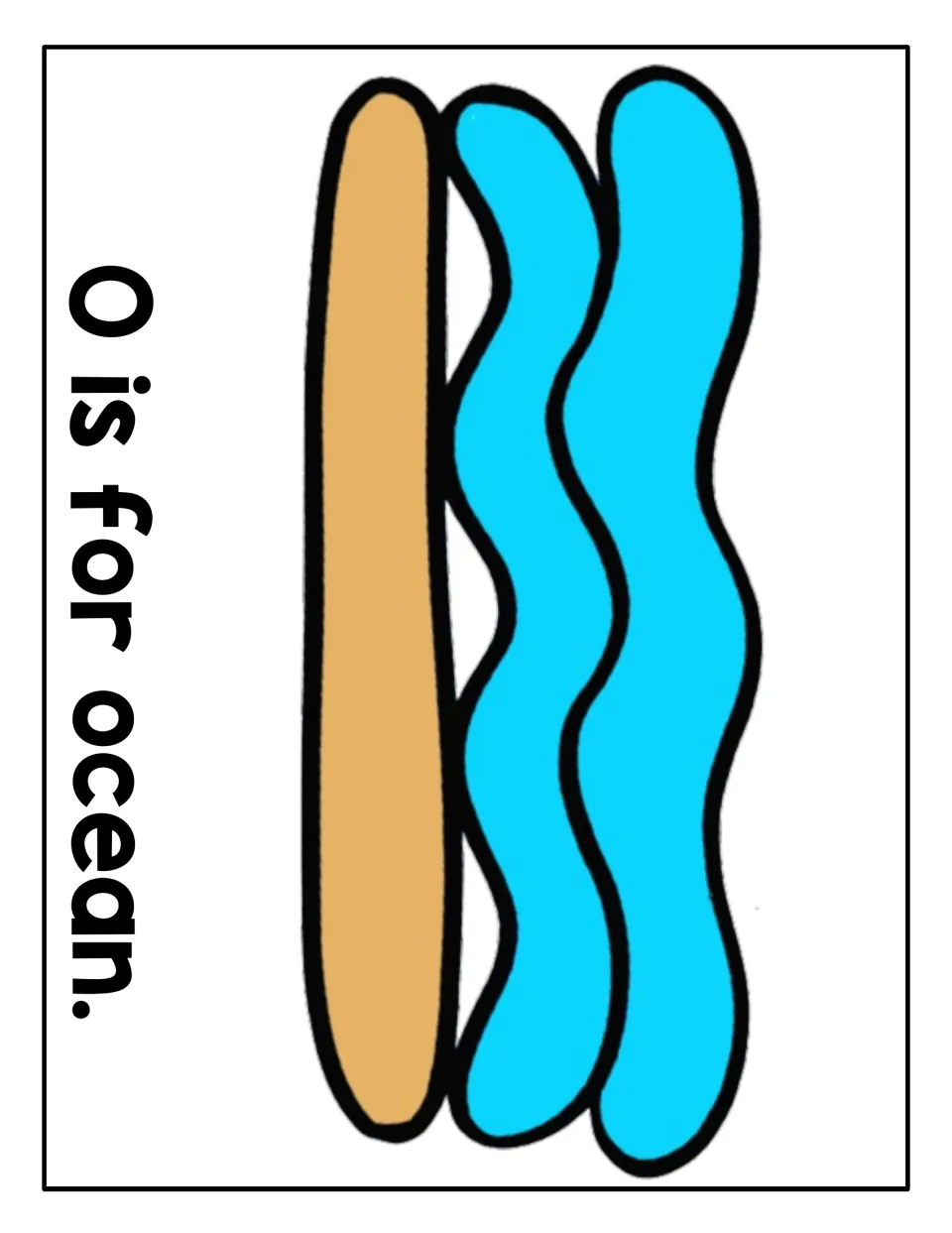 Letter O mat, printed sideways: tan sand strip beside two wavy blue water bands, labeled "O is for ocean" for playdough