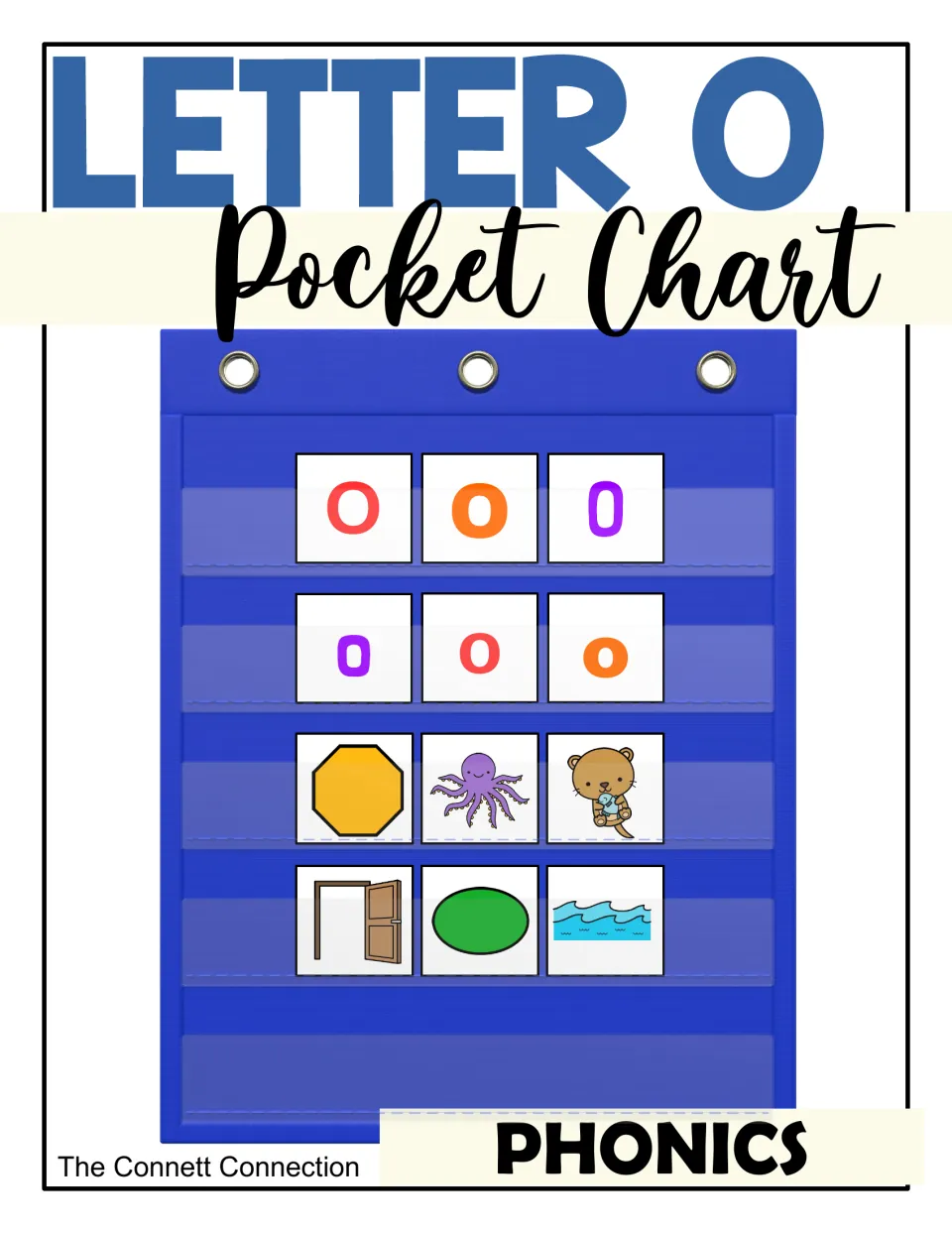 Letter O pocket chart cover: uppercase and lowercase O letter cards with octagon, octopus, otter, door and oval pictures