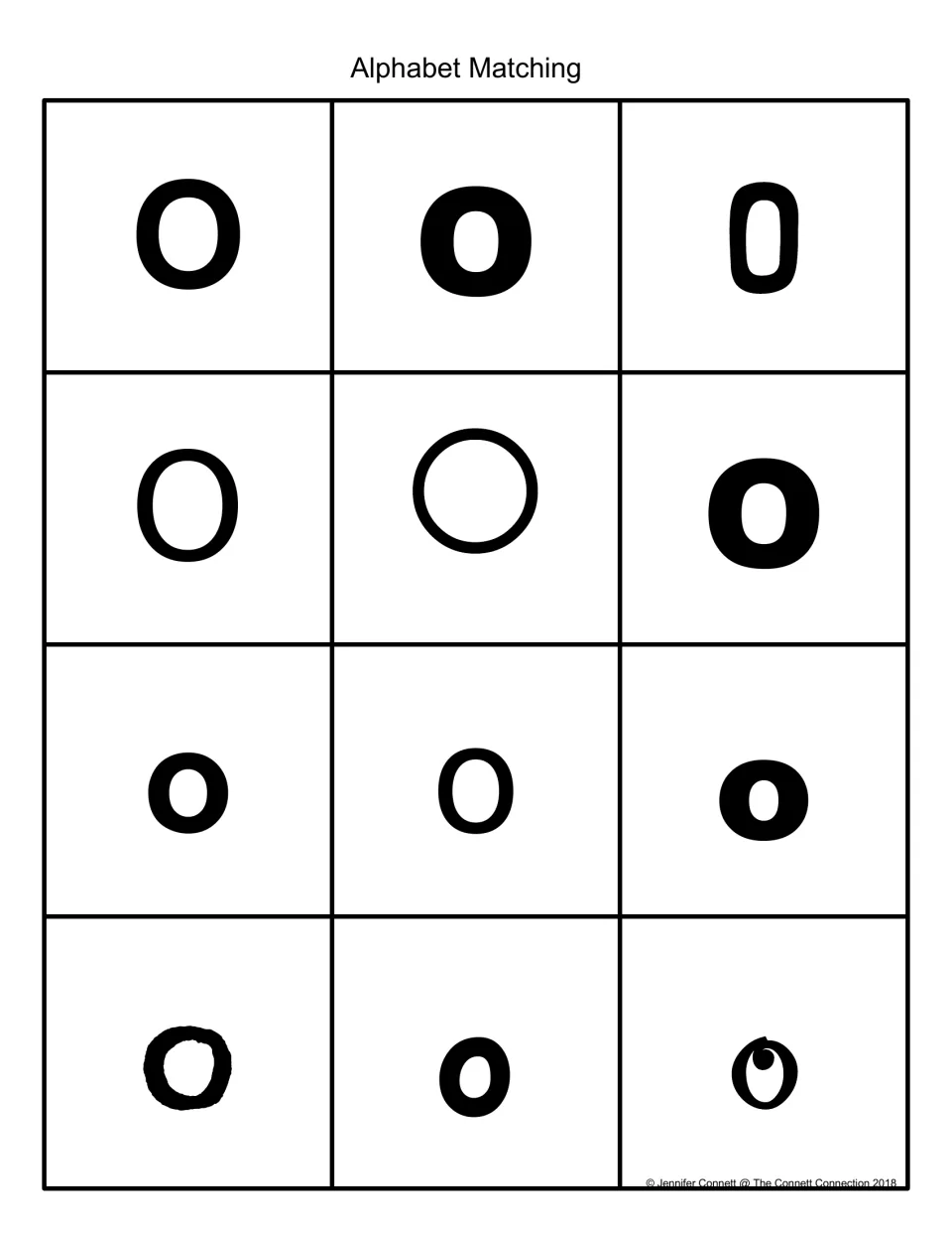 Alphabet Matching: 12 black-and-white cards showing uppercase and lowercase O in different fonts for letter recognition