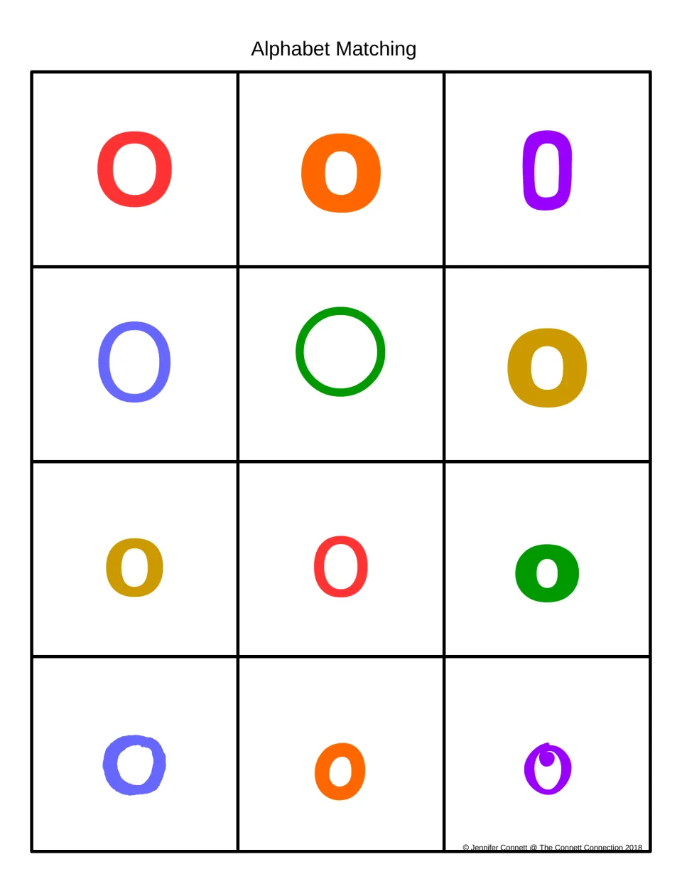 Alphabet Matching in color: 12 cards with uppercase O and lowercase o in red, orange, purple, green and blue fonts