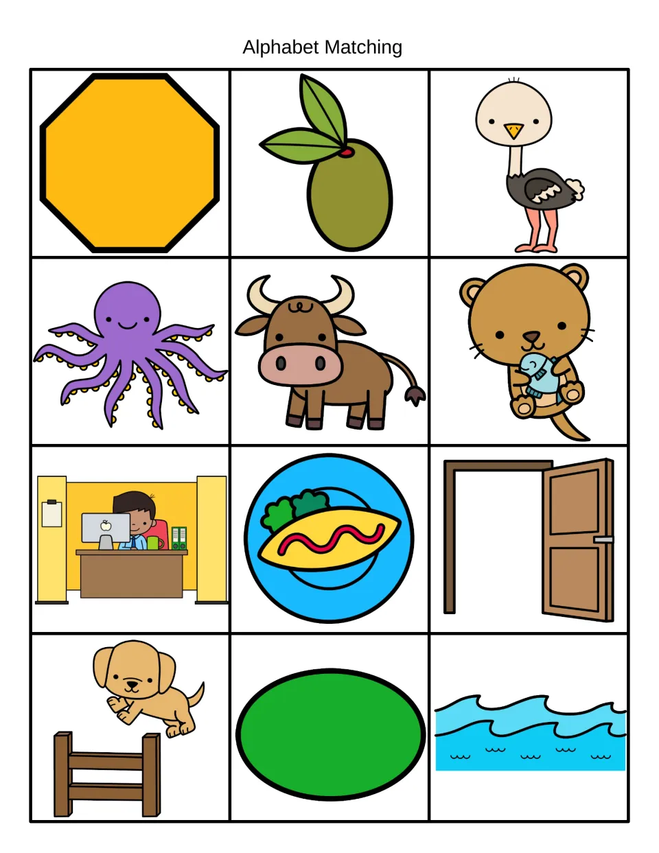 Alphabet Matching picture cards for O words such as octagon, olive, ostrich, octopus, ox, otter, oval and ocean