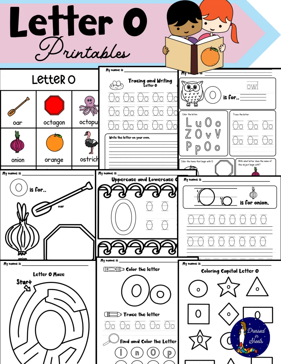 Letter O Printables cover: picture cards, O tracing and writing, O is for coloring pages, an O maze and shape coloring