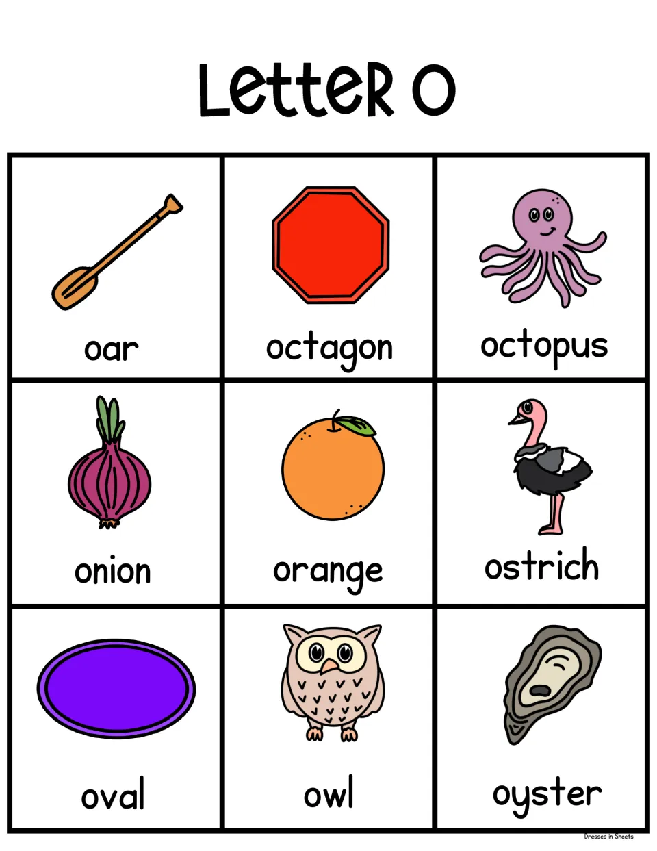 Letter O picture cards: oar, octagon, octopus, onion, orange, ostrich, oval, owl and oyster, each in color with its word