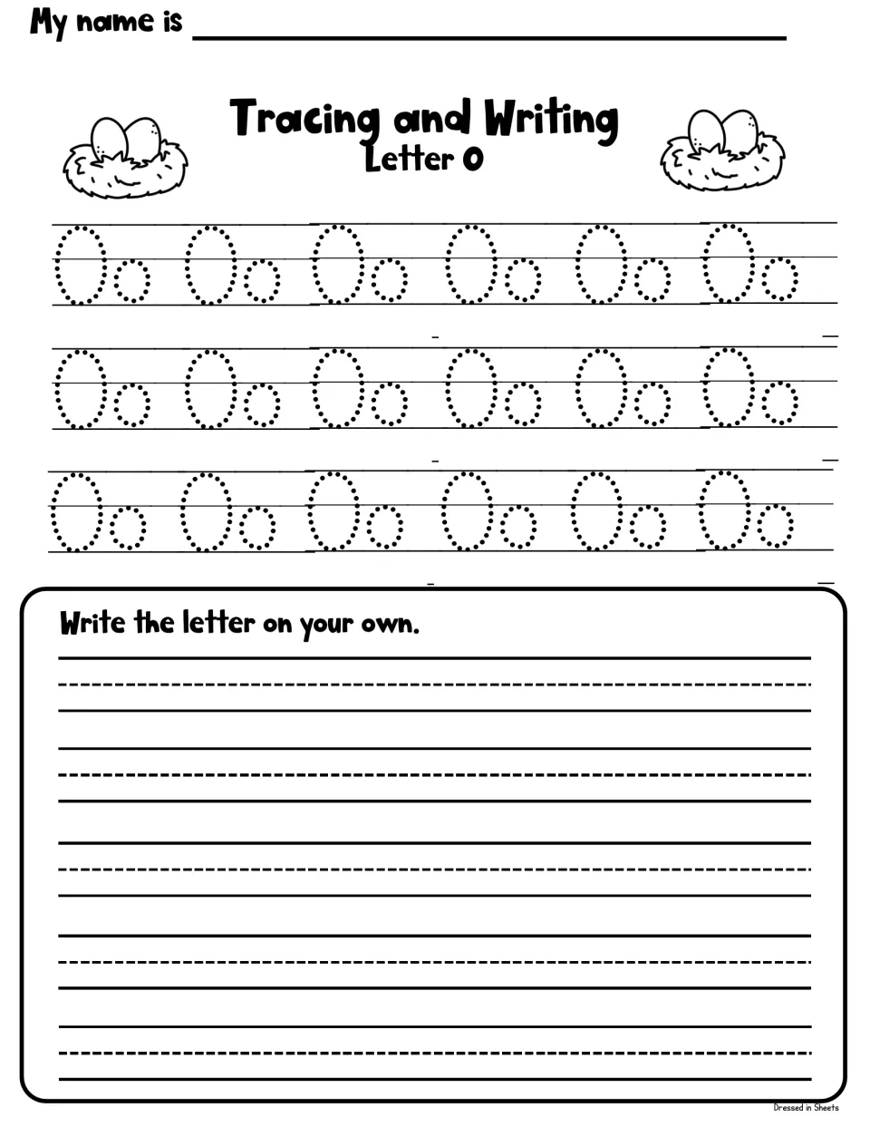 Tracing and writing letter O: students trace three rows of dotted Oo pairs, then write the letter on their own