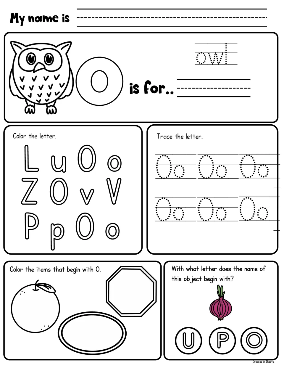 O is for owl: students trace owl, color the O letters, trace Oo, color O items and pick the first letter of onion
