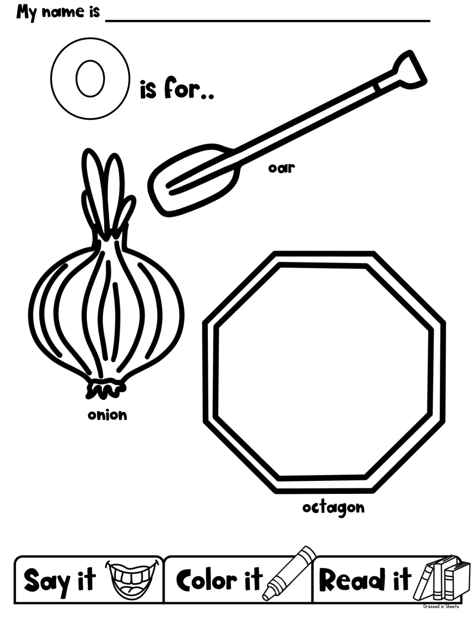 O is for oar, onion and octagon: students say each word, color the picture and read the label to hear the O sound