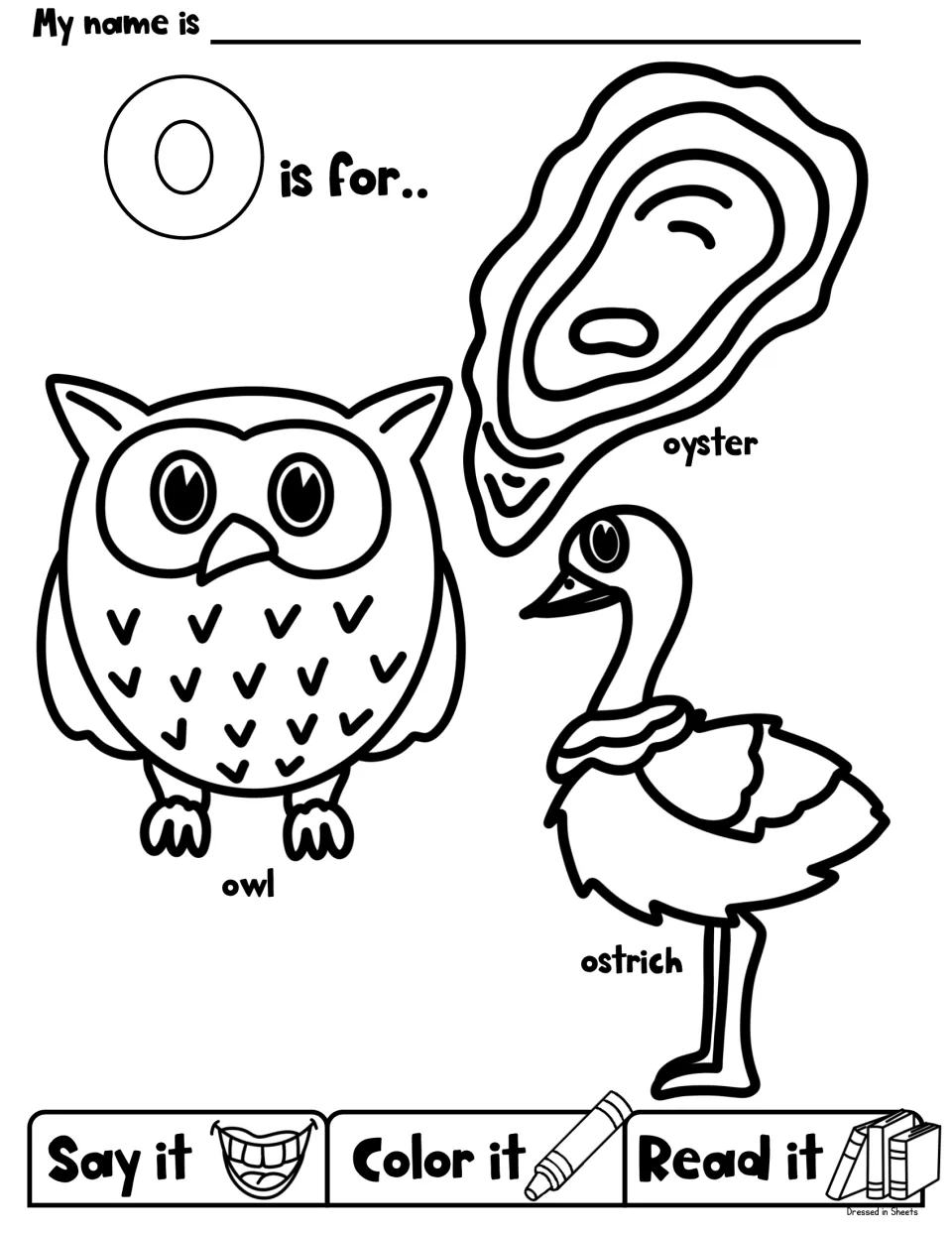 O is for oyster, owl and ostrich: students say, color and read each labeled animal to practise words that start with O