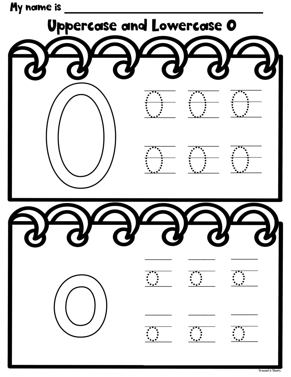 Uppercase and lowercase O: students color a large O and o, then trace six dotted copies of each case on lines