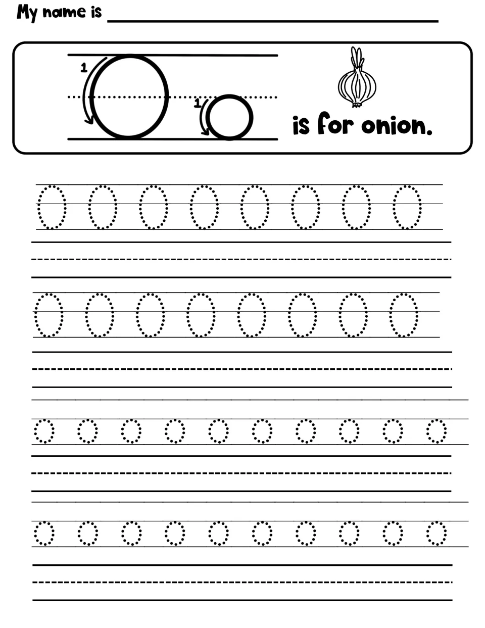 O is for onion: numbered arrows show how to form O and o, then students trace two rows each of capital O and small o