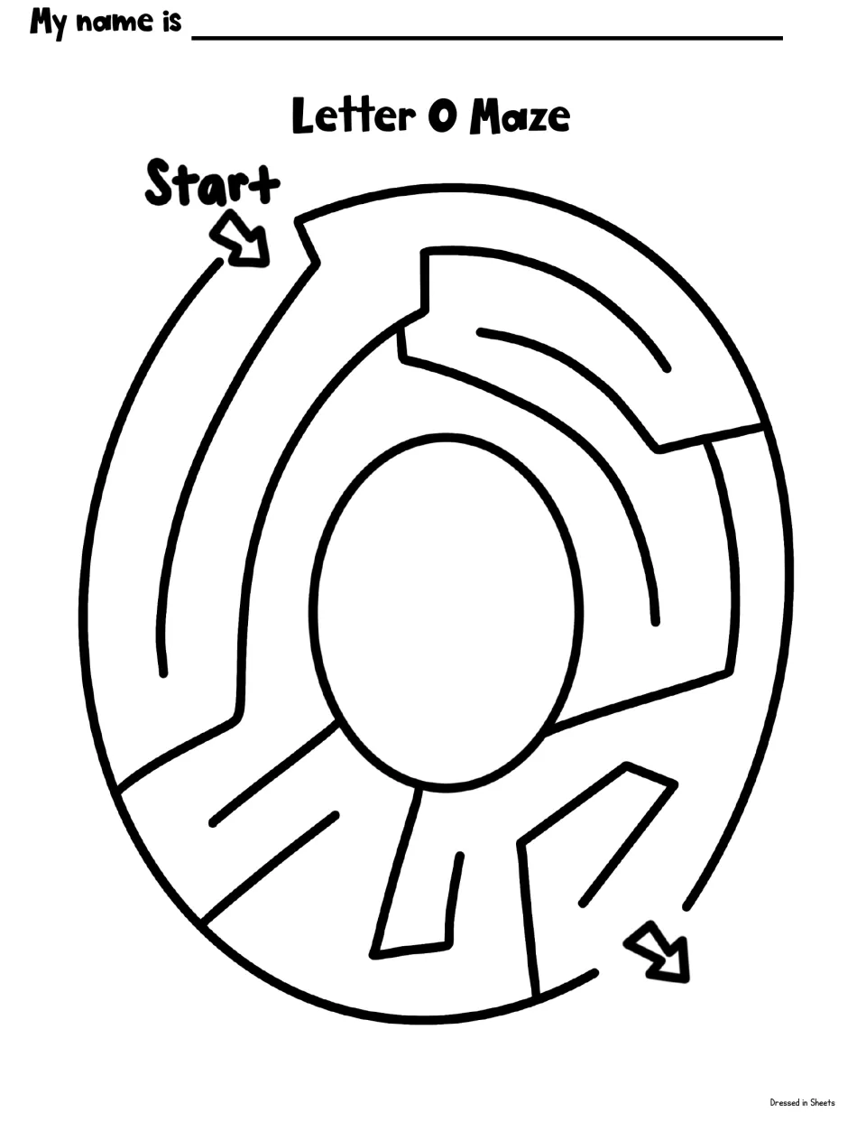 Letter O maze: students follow the path from Start through a maze shaped like the letter O to the exit arrow