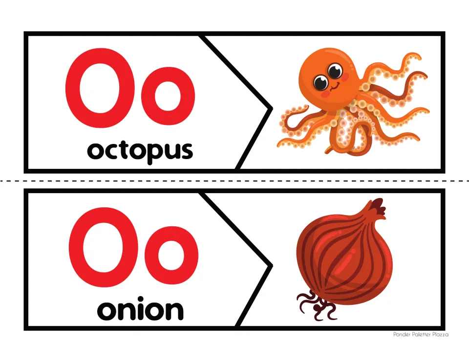 Letter O beginning sound puzzles: students match each Oo word piece, octopus and onion, to its picture half